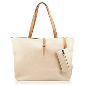 CREAM PU LEATHER TOTE BAG WITH A MINI POUCH
